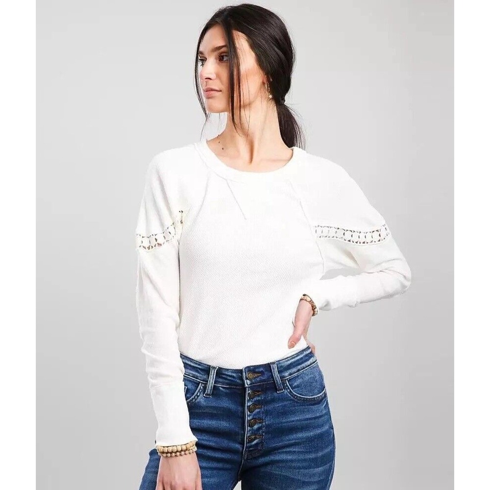 Free People Luella Tee Shirt Thermal Top Crochet Inset Quarry Ivory M
